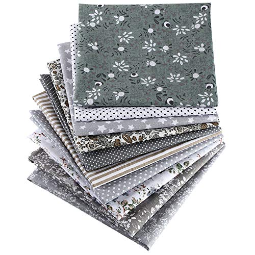 Boao 10 Pcs Cotton Fat Quarters Bundle, Floral Dot Stripe Quilting, Gray
