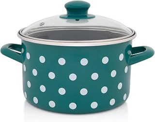 Metalac Olla con tapa de cristal, 20 cm, 4 l, diseño vintage de lunares verdes, esmaltada, color verde