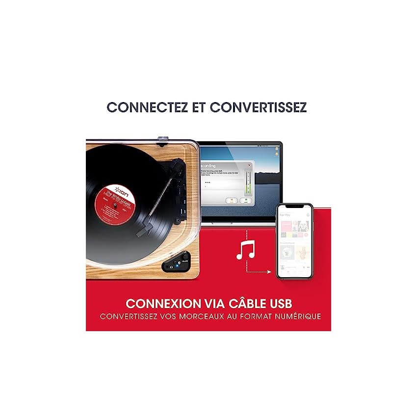 ion audio air lp platine vinyle bluetooth à trois vitesses (33, 45 et 78 tours) avec conversion usb finition bois
