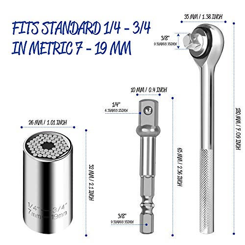 Universal Socket, Grip Socket Set Fits Standard 1/4'' - 3/4'' Metric 7mm-19mm with Multi-Function Power Drill Adapter Best Tools Gifts for Men, Father, Dad, Husband, Boyfriend, Gift Box - Thumbnail 6