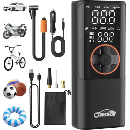 Oasser Tyre Inflator Air Compressor for Bikes & Cars - 150PSI, 6000mAh Battery with DC 3M Lighter, Portable Dual Display Pump with Auto Shut-Off & Storage Bag