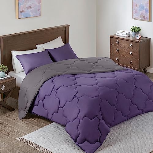 Image of Comfort Spaces Vixie Comforter Set-Modern Geometric Quaterfoil Cloud Quilted Design All Season Down Alternative Bedding, Matching Shams, Full /Queen(90 inchx90 inch), Microfiler Reversible Purple /Charcoal