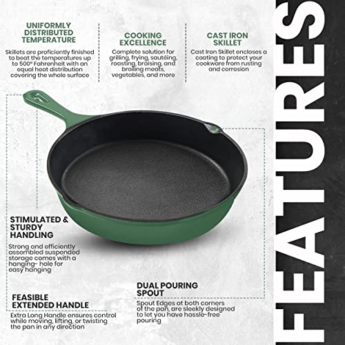 Utopia Kitchen - Saute Fry Pan - Pre-Seasoned Cast Iron Skillet Set 3-Piece - Nonstick Frying Pan- 6 Inch, 8 Inch And 10 Inch Cast Iron Set (Green) #TOP3