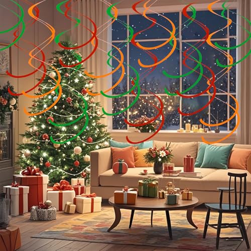 Image of Colorful Ceiling Swirl Foil Decorations Hanging Plastic Streamer Themed Swirl Party for Christmas Graduation Celebration, Pack of 28 (Red, Green and Orange)