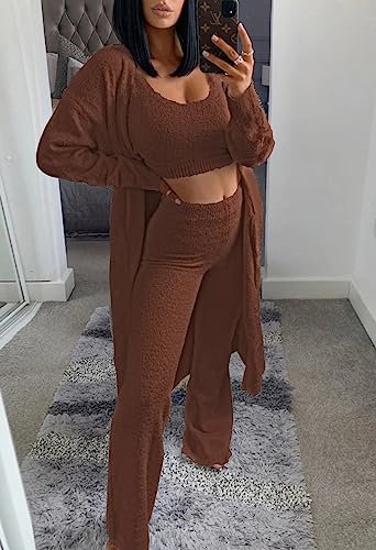 Image of Fixmatti Women's Fuzzy 3 Piece Sweatsuit Open Front Cardigan Crop Tank Tops Wide Legs Pants Lounge Sets