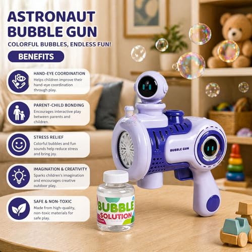 Image of WISHKEY Astronaut Theme Bubble Gun Toy for Kids, Leak-Proof Bubble Blower Machine with Colorful LED Light, Battery Operated Bubble Blaster with 360-Degree Rotating Toy Figure, (Pack of 1, Purple)