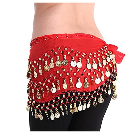 YiLang Ceinture Danse Orientale Femme Fille Foulard Danse du Ventre Belly Dance Soie Foulard à Sequin Écharpe Déguisement (Rouge)