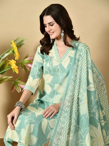 Image of Amazon Brand - Tavasya Women Cotton Anarkali Kurta Pant Dupatta Set | Printed Ethnic Suit Set | Flared Anarkali Kurta with Pant & Dupatta | Festive & Casual Wear