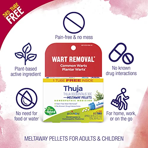 Image of Boiron Thuja Occidentalis 30C Wart Removal Homeopathic Medicine for Painless Removal of Warts from Plantar (Feet), Hands, and Other Bodily Warts - 3 Count (240 Pellets) (Pack of 2)