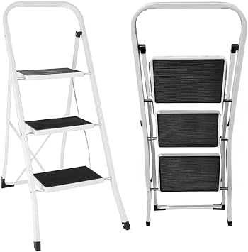 Foldable 3 Step Steel Ladder - Non Slip Tread Stepladder Safety, Kitchen Home Industrial DIY Steel Construction | Strong, Durable, Long Lasting Fold, Space Saving