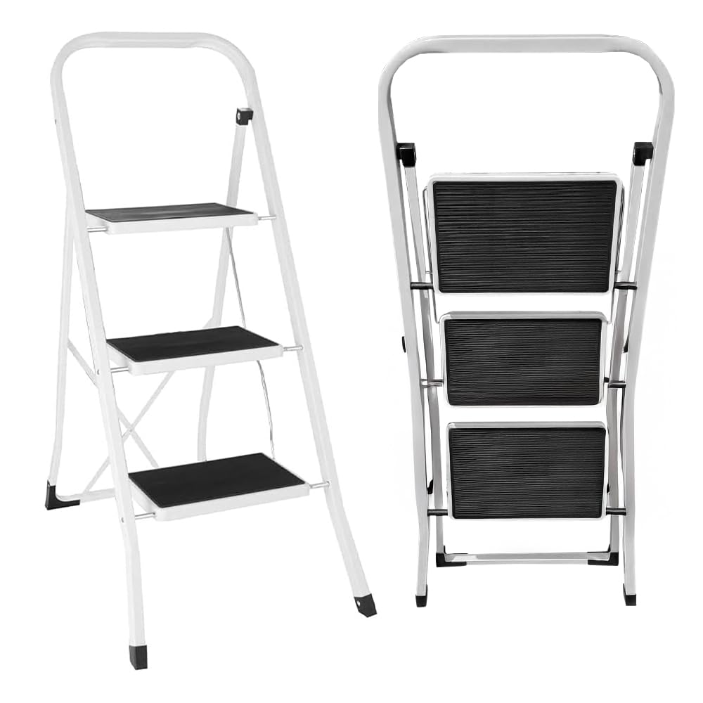 Bargains-Galore 3 Step Foldable Steel Ladder - Non Slip Tread Stepladder Safety, Kitchen Home Industrial Diy Steel Construction | Strong, Durable, Long Lasting Fold, Space Saving