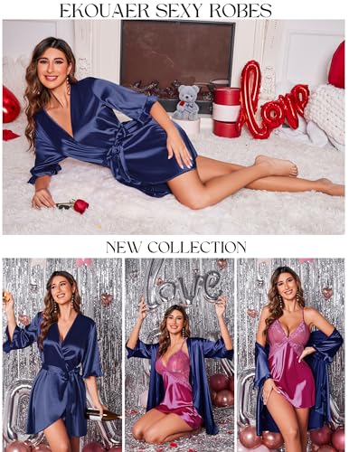 Image of Ekouaer Women's Satin Robe Valentines Lingerie for Women Kimono Bathrobe Short Ruffle Belted Robes Bridesmaids Sleepwear