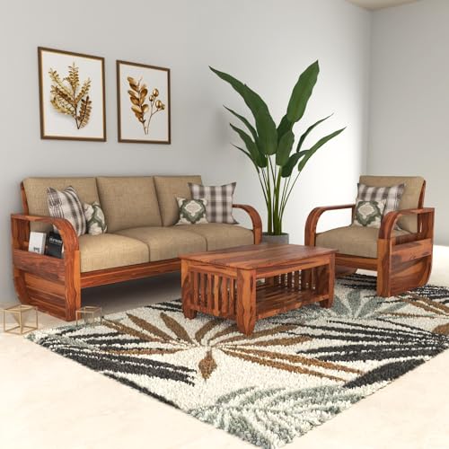 Image of Solid Sheesham Wood 4 Seater Sofa Set | Wooden Sofa Set for Your Living Room with Brown Cushions | Four Seater Sofa Set for Home (3+1 Mett, Honey)