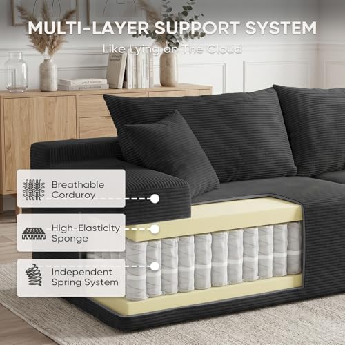 Image of Boneless Couch, 102.4 inch Sectional Couches for Living Room with L Shape Sofa | Cloud Couch Sectional with Chaise, Modular Cloud Sofa with Deep Seat, No Assembly, Black, Corduroy, Right Chaise