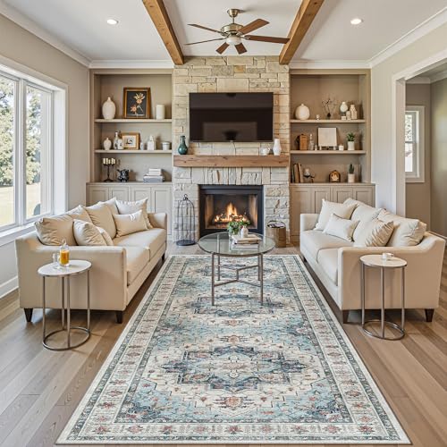 Madane 4x12 Wide Hallway Runners: Washable Runner Rug for Entryway Living Room Soft Vintage Non Slip Carpet Runner for Kitchen Dining Room Nursery Bedroom Thin Area Rug (Blue, 4x12ft)