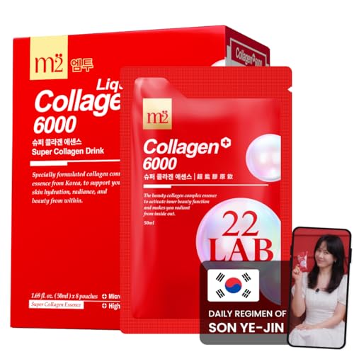 m2 Liquid Collagen Drink, Super Concentrate 6000mg Dual Peptide Collagen, Secrets of Korean Celebs, 68% More Collagen After 24 Hours, Drink from Pouch, No Added Sugar (8pk)