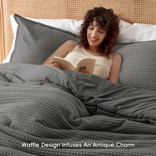 Image of PHF Soft Waffle Comforter Set Queen Size- Comfy Breathable Waffle Weave Comforter with 2 Pillow Shams, 3 Pieces Less Snagging Lightweight Textured Bedding Set for All Season, Grey