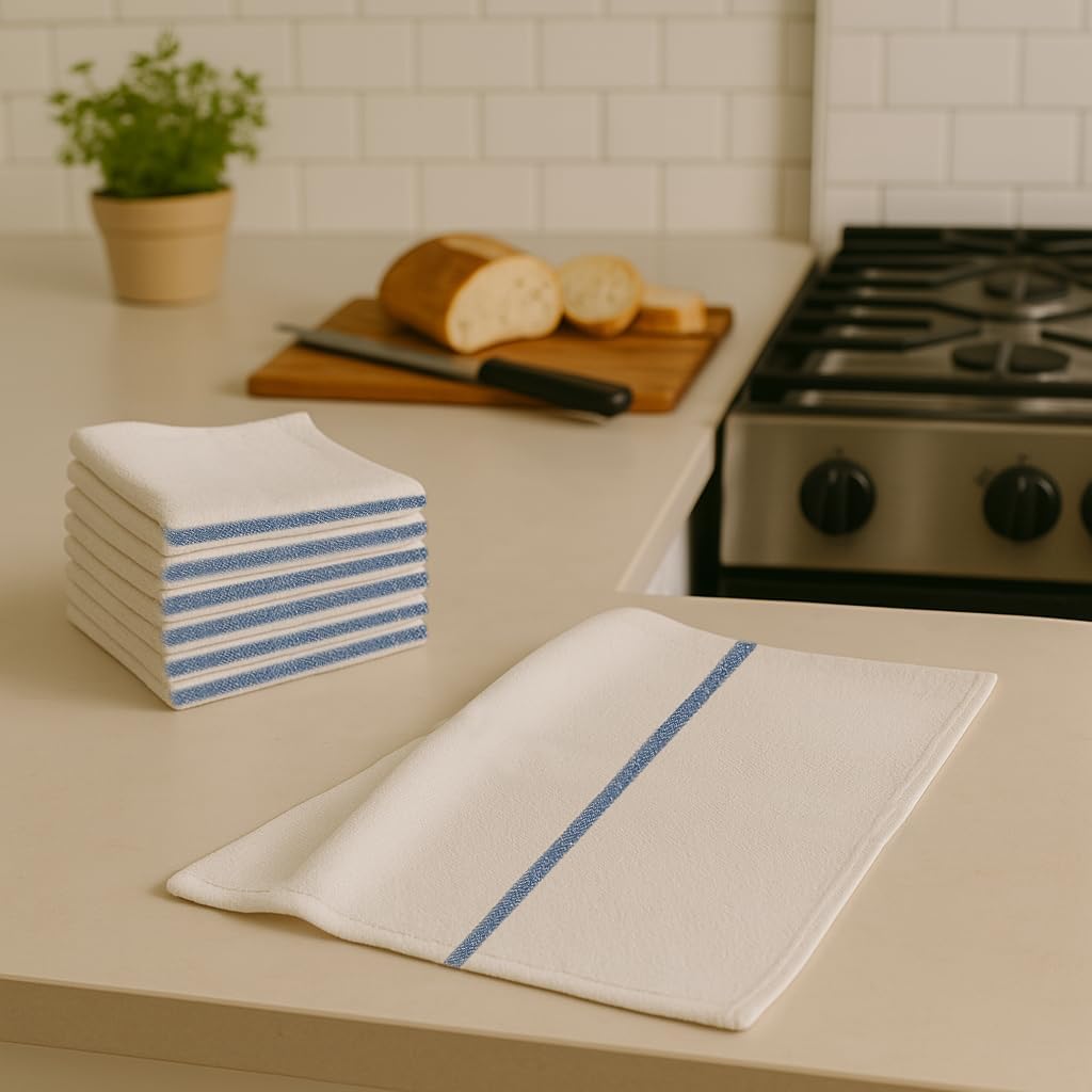 ZUPERIA Bar Mop Towels - 36 Pack (16"x19") - 100% Cotton High Absorbency Kitchen Towels – Reusable Dish Cloths, Quick-Dry Rags with Blue Stripe – Ideal for Restaurants, Cooks, Bartenders & Homes