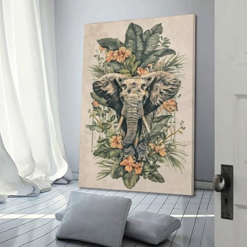 Décoration murale éléphant fleurs tropicales tableau chambre 30x45 - 3