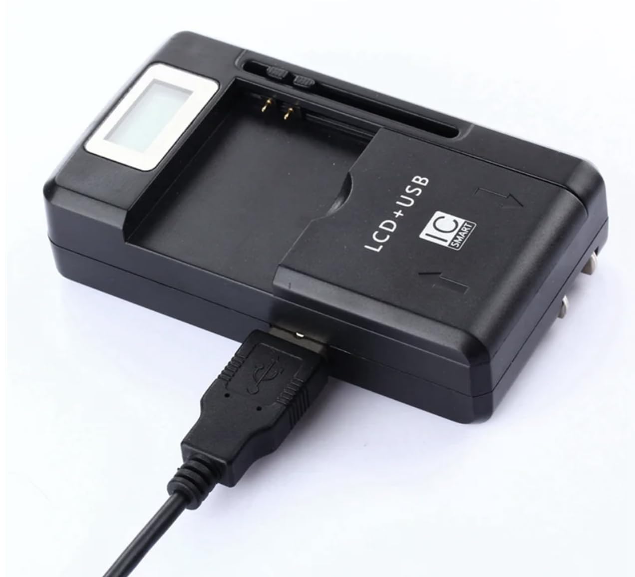 2in1 USB + CA100-240V Caricabatterie | Universale Caricabatterie per Telefono Cellulare per Batterie 32-50mm | Con Schermo LCD | Caricabatterie USB per Fotocamera DSLR Telefono Cellulare