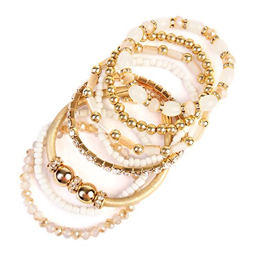 Bohemian Bead Multi Layer Versatile Statement Bracelets - Metallic Bar, Sparkly Crystal, Wood, Tassel Charm Stackable Stretch Prayer Cuff Leatherette Bangle Set (Leatherette Mix - Natural) #TOP2