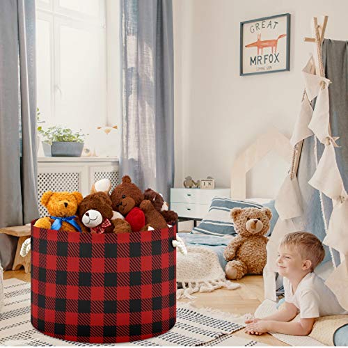 Image of visesunny Storage Basket Black And Red Lumberjack Plaid Nursery Hamper Basket Clothes Toy Storage Organizer Bin Box Collapsible Laundry Bag for Kid Room,Playroom,Bathroom,Living Room,Dorm,Office