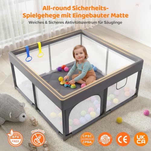 Dripex Laufstall Baby mit Matte, Laufgitter Baby 124×124cm, Dunkelgrau – Ansicht 2