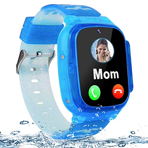 Kids Smart Watch Waterproof LBS Tracker Phone Watches for Boys Girls Age 4-12 with SOS Calling Camera Puzzle Games Alarm Clock LED Flashlight 1.44" Touch Screen Smartwatch Birthday Gift (Black & Blue)