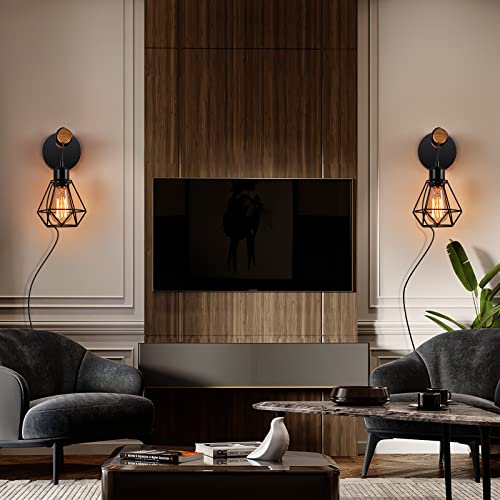 Industrial Plug In Wall Sconces Set Of Two, Wall Sconces Lighting With On/Off Switch, Rustic Indoor Vintage Bedside Cage Lighting For Stairway Bathroom Entryway Living Room Bedroom (Round Base) #TOP7