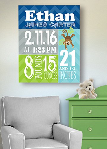 Personalized Stretched Canvas Birth Announcement Gift, Custom Baby Name, Date, Weight Stats, Newborn Nursery Monkey Wall Art Decor, Wooden Frame Construction, Ready to Hang 16X20