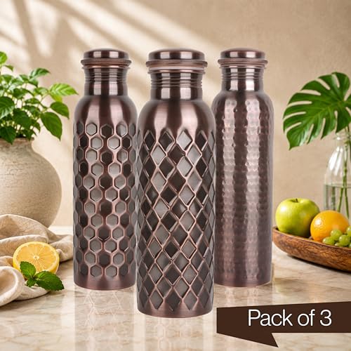 Image of Copper Water Bottles , Set of 3 with Hammered, Diamond & Honeycomb | 100% Pure Copper, Hammered /Diamond /Honeycomb Textures, Antique Finish, Leak-Proof Screw-Top, Wide Mouth, Handcrafted