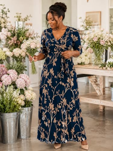 Image of Women's V Neck Floral Maxi Dress 3 /4 Sleeve Plus Size Boho Wrap Flowy Long Dresses with Belt