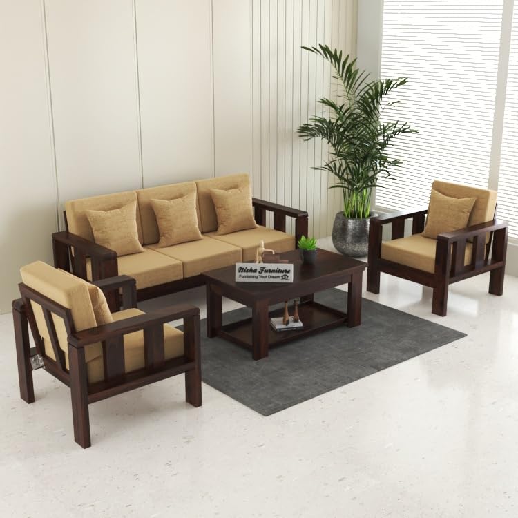 Image of Solid Wood Sofa Set 5 Seater with Cushion for Living Room, Office and Home Furniture, Sofa 5 Seater Wooden Sofa Set in Walnut Finish