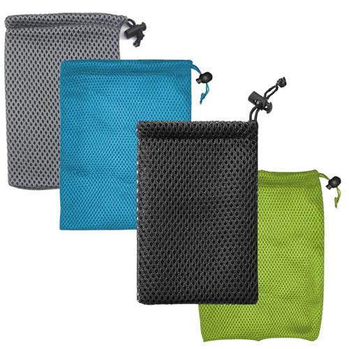 4 sacos pequenos com cordão, bolsa de malha de nylon grosso, 10 x 15 cm, bolsa de armazenamento para mini coisas MP3, carregador de auriculares, chaves, carregador de auriculares, chaves