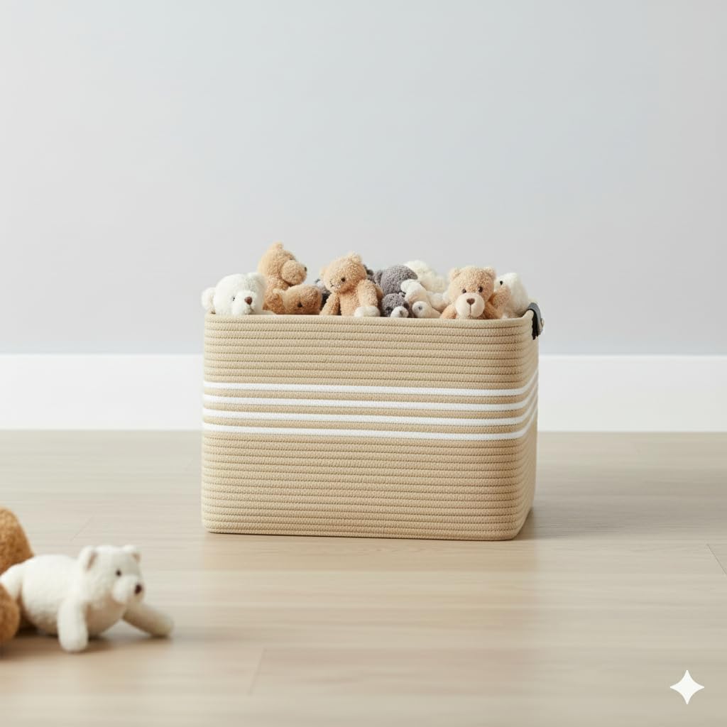 Large Laundry Basket, Woven Cotton Rope Rectangular Storage Basket for Clothes, Toys & Blankets – Ideal for Bedroom & Living Room, Beige Mix New-image-37