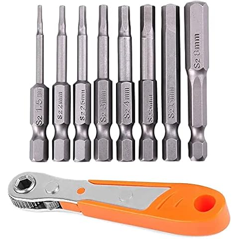 Impact Driver Allen Bits Set Hex Head Bit Long Alan Wrench Key Power Drill 1/4” Quick Change Release Connect Metric t Handle Hecs Drive For Furniture Assembly Tool Kit Screw Driving Bits + Hex Ratchet Cover