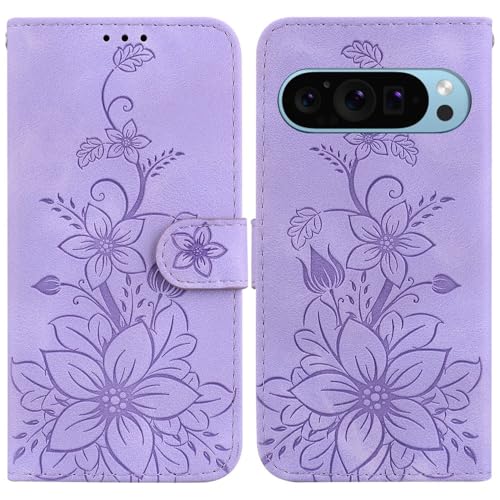 Coque Pixel 10 Pro XL Protège Écran Étui Portefeuille Fleurs Violet