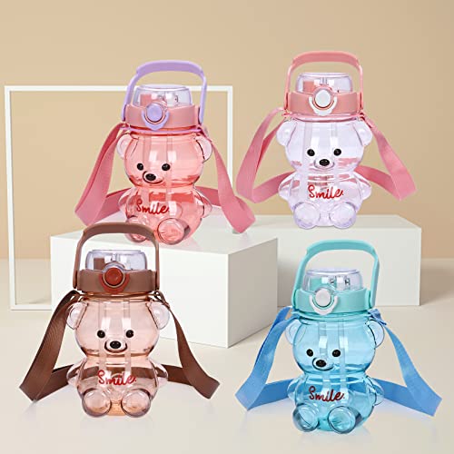 Water Bottle Bear Smile Large Water Bottles With Straw And Strap For Kids School Sports Daily Life Milk Tea Juice Travel Drinking Bottled Water Cute Portable Leakproof (Brown) #TOP2