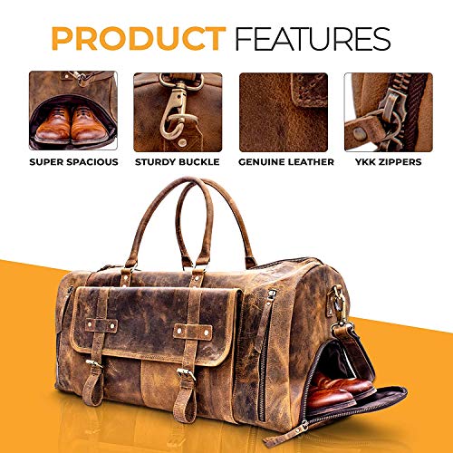 KomalC 24 Inch Leather Duffel Bags for Men and Women Full Grain Leather Travel Overnight Weekend Leather Bags Sports Gym Duffel for Men (Brown Tan with shoe pocket)