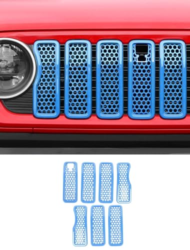 Image of Savadicar Front Grill Inserts with Camera Slot for 2024+ Jeep Wrangler JL 4XE & Gladiator - Elevate Your Wrangler's Aesthetics with Mesh Grille Cover Guard, Exterior Trim Accessories, 7PCs, Baby Blue