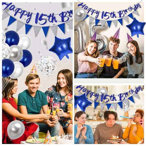 Hierein 15 Geburtstag Junge, Blau Silber Folienballon 15. Geburtstag Deko mit Happy Birthday Banner, Tortendeko, Wimpelkette, Geburtstagsdeko 15 Jahre Junge für Party Deko, Birthday Ballon