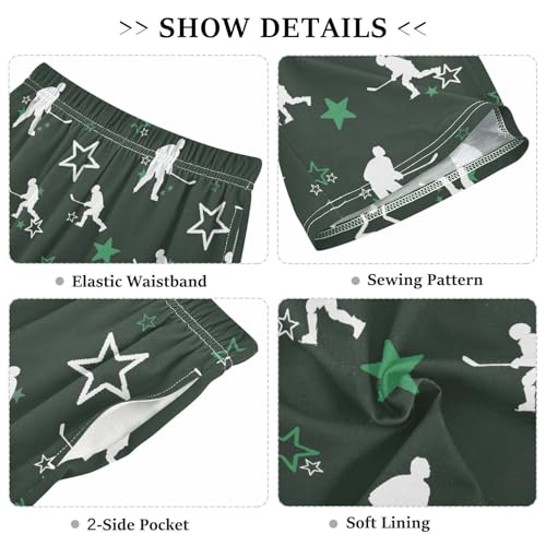 ALAZA Ice Hockey Player Green Star Pajama Shorts Sleep Shorts Pant Lounge Pajama Bottoms Elastic Waist with Pockets3