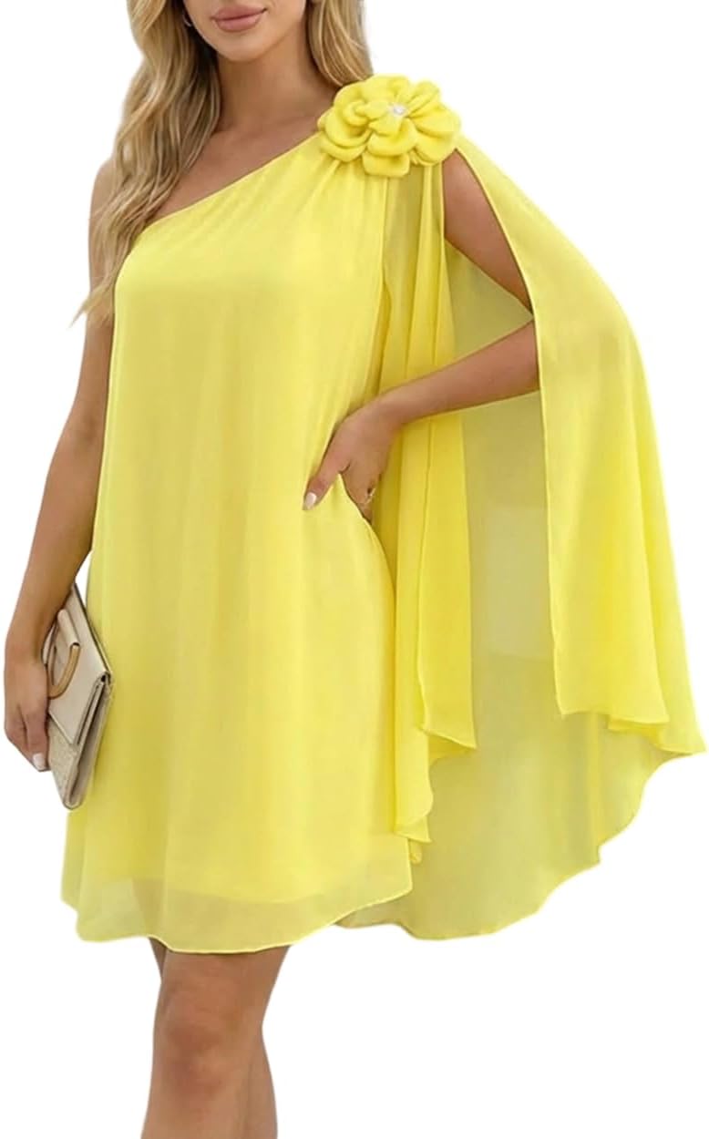 CHICME Womens Summer Mini Dress One Shoulder Chiffon Spring Dress with 3D Flower Detail Wedding Cocktail Beach Dresses