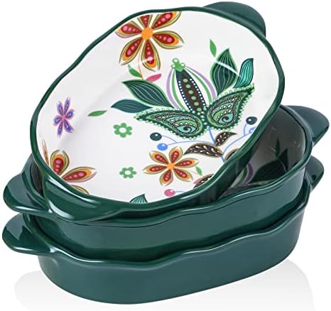 Set of 3 Oval Au Gratin 10.5" x 6" Baking Dishes, Lasagna Pan, Ceramic Bakeware Ideal for Creme Brulee Easy Carry Handles - Nice Table Serving Dish - Oven To Table - Green