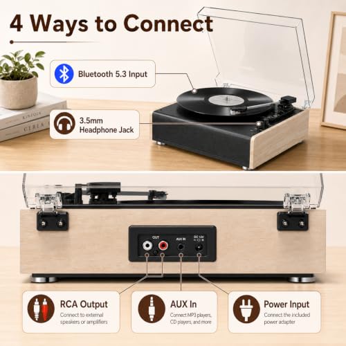 Image of Bluetooth Vinyl Record Player with Built-in Stereo Speakers, 3-Speed Belt-Drive Turntable for 7 /10 /12 Inch Vinyl Records, Magnetic Cartridge, RCA Out, AUX in, Headphone Jack, Vintage White Phonograph