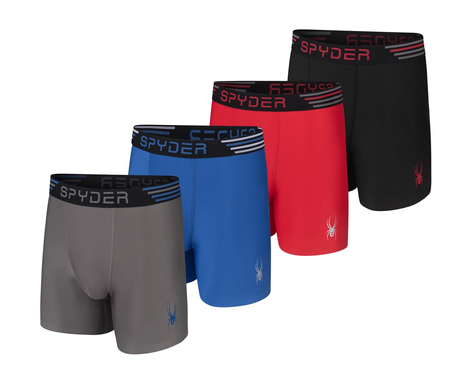 Spyder Men's Grey/Blue/Red/Black Boxer Briefs 4 Pack Poly Spandex Performance Underwear/Bonded Hem Boxer Briefs, S