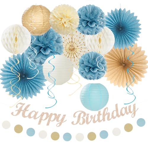 Image of Light-Dusty Blue Beige-Champagne Women Birthday-Decorations - 21pcs Boho Neutral Happy Banner Garland,Paper Streamers Lanterns,Flower Tissue Pom Poms Fan Supplies,Wall Backdrop Party Decor Huglony