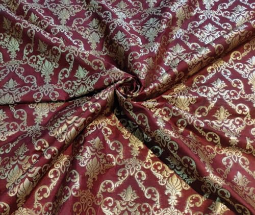 Tissu brocart de soie rouge doré métallisé largeur 111cm