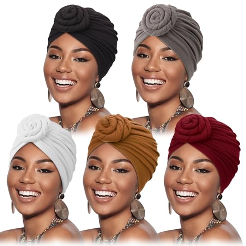 Image of DRESHOW 5 Pack Knotted Headwraps for Women African Turban Pre-Knotted Beanie Headwraps Hair Covers
