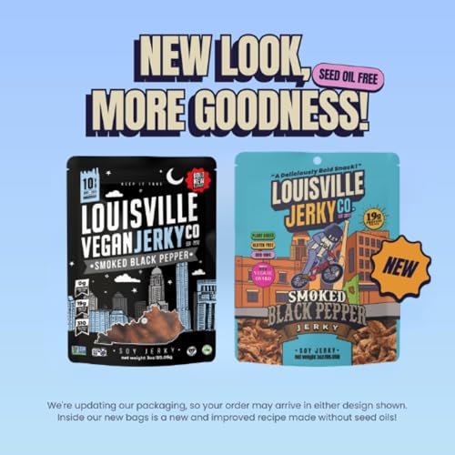 Image of Louisville Jerky Co. Smoked Black Pepper Vegan Jerky, 3 oz, 1-Pack | 5g Protein, Plant-Based Protein Snack, Vegetarian Jerky, Meatless, Savory, Ready-to-Eat, Vegan Beef Alternative, Travel Ready
